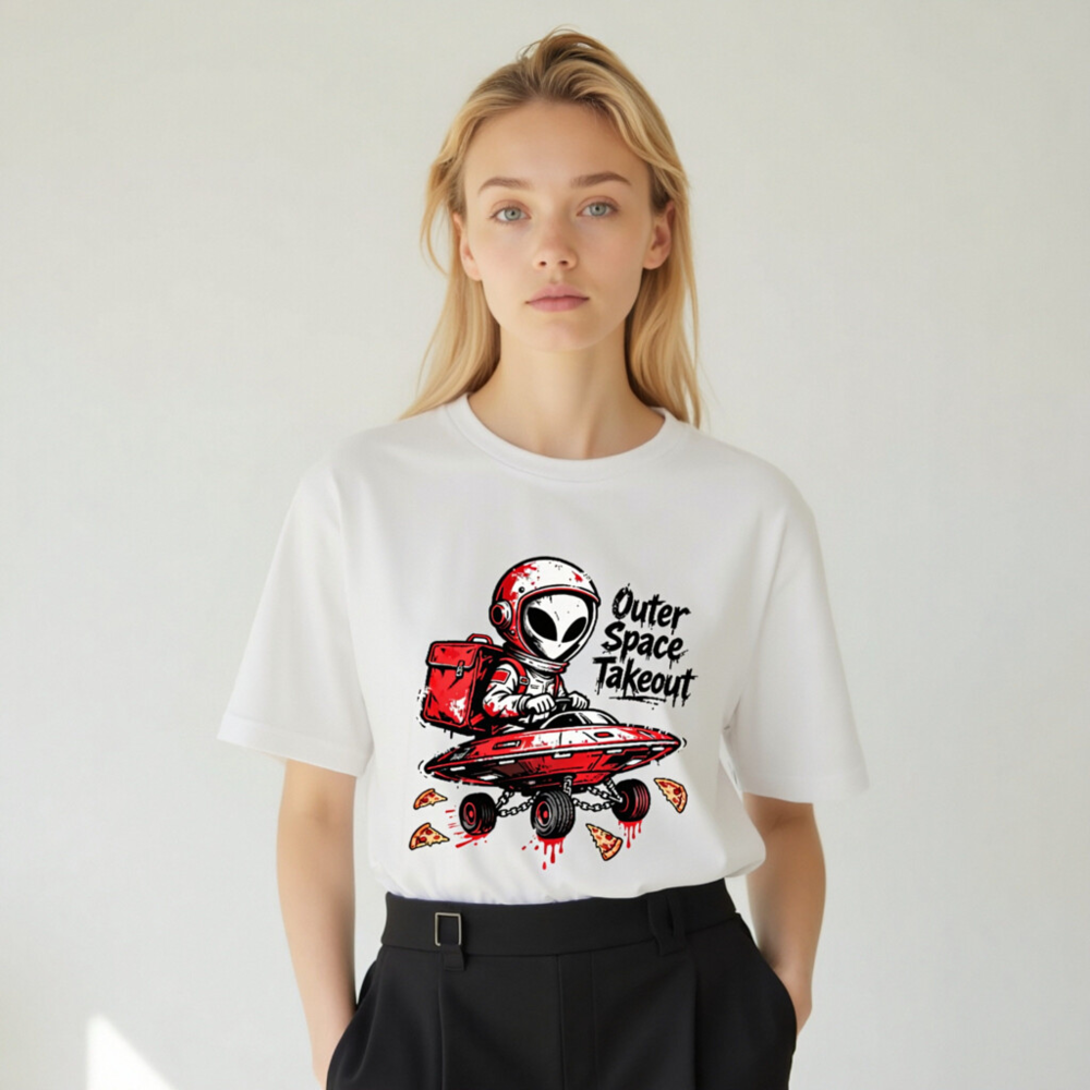 Unisex Organic Cotton T-Shirt - Outer Space Takeout Alien Pizza Delivery - Image 10