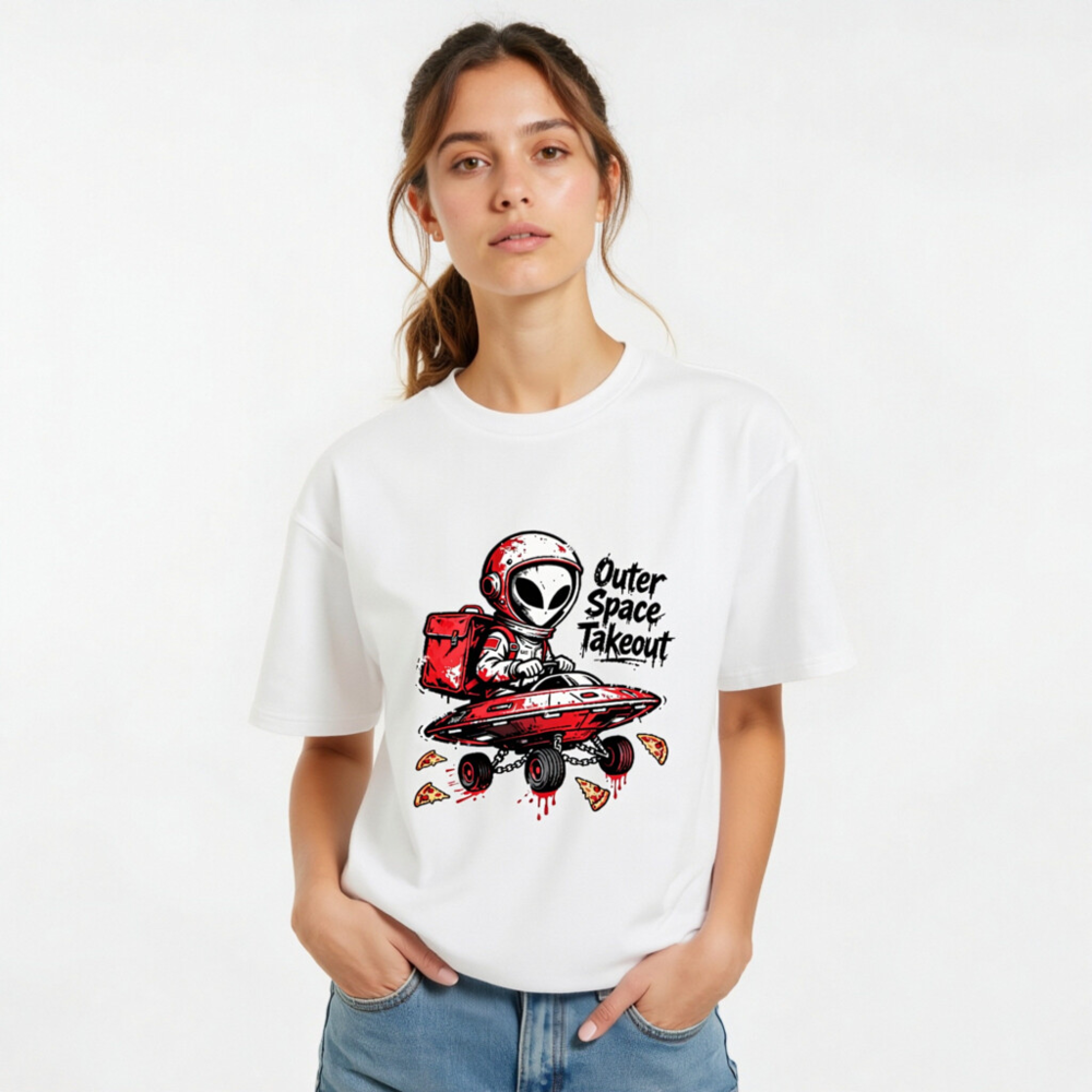 Unisex Organic Cotton T-Shirt - Outer Space Takeout Alien Pizza Delivery - Image 11
