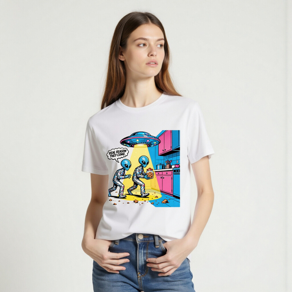 Unisex Organic Cotton T-Shirt - Alien Cookie Theft Comic Graphic Tee - Image 2