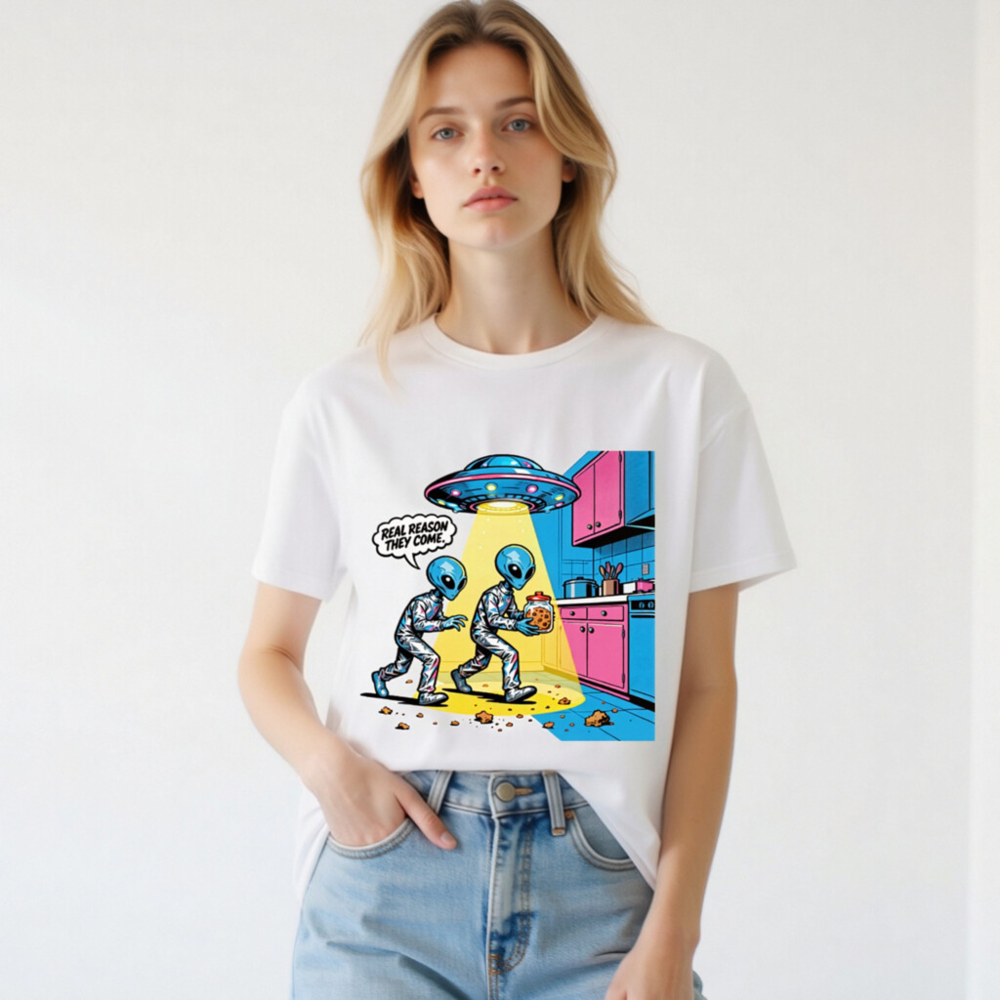 Unisex Organic Cotton T-Shirt - Alien Cookie Theft Comic Graphic Tee - Image 3