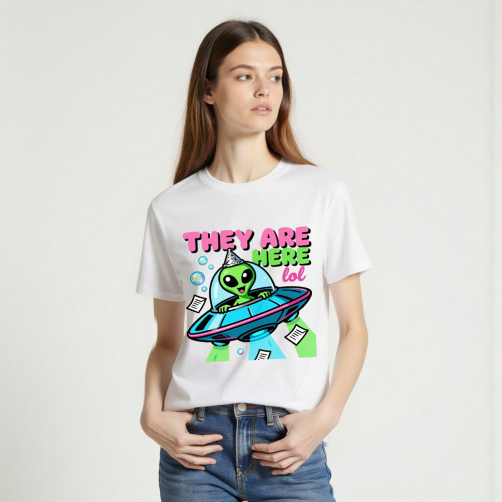 Unisex Organic Cotton T-Shirt - Alien UFO Party Design 'They Are Here lol' - Image 2