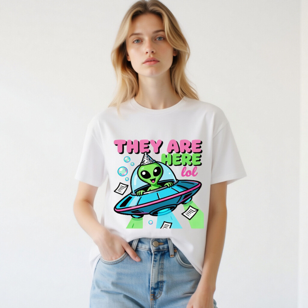 Unisex Organic Cotton T-Shirt - Alien UFO Party Design 'They Are Here lol' - Image 3