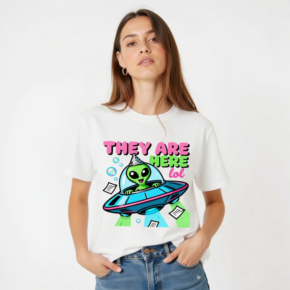 Unisex Organic Cotton T-Shirt - Alien UFO Party Design 'They Are Here lol' - Image 5
