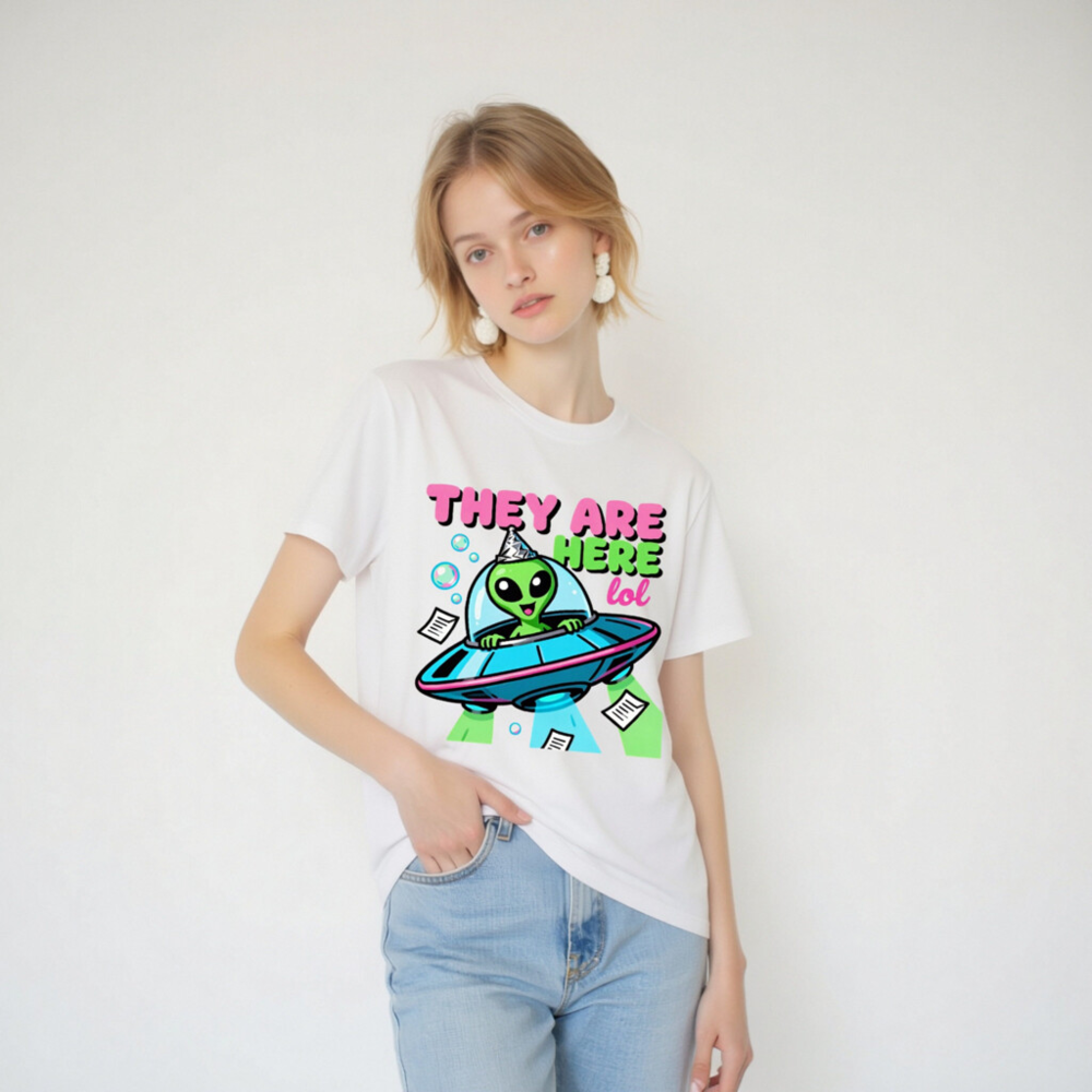 Unisex Organic Cotton T-Shirt - Alien UFO Party Design 'They Are Here lol' - Image 6