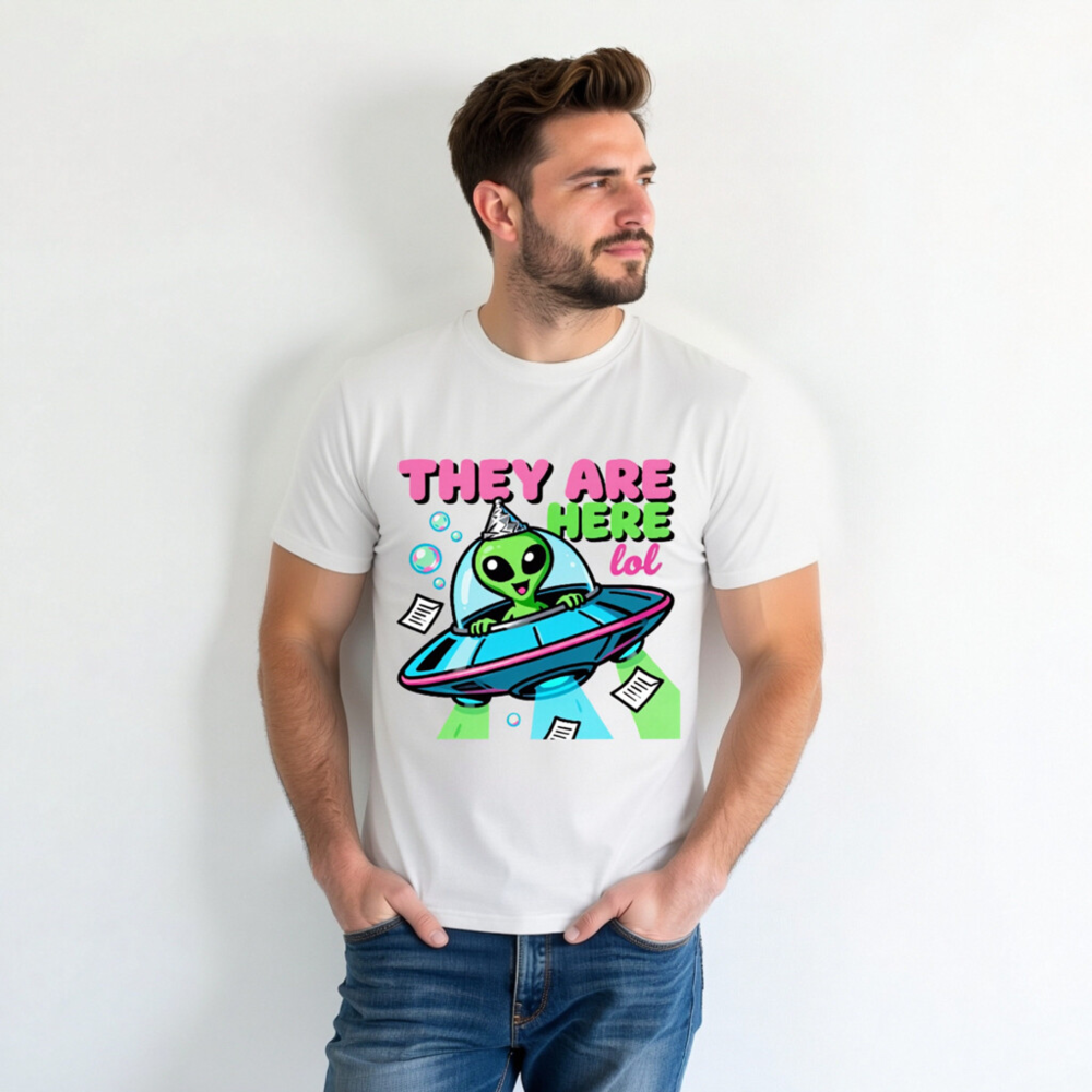 Unisex Organic Cotton T-Shirt - Alien UFO Party Design 'They Are Here lol' - Image 7