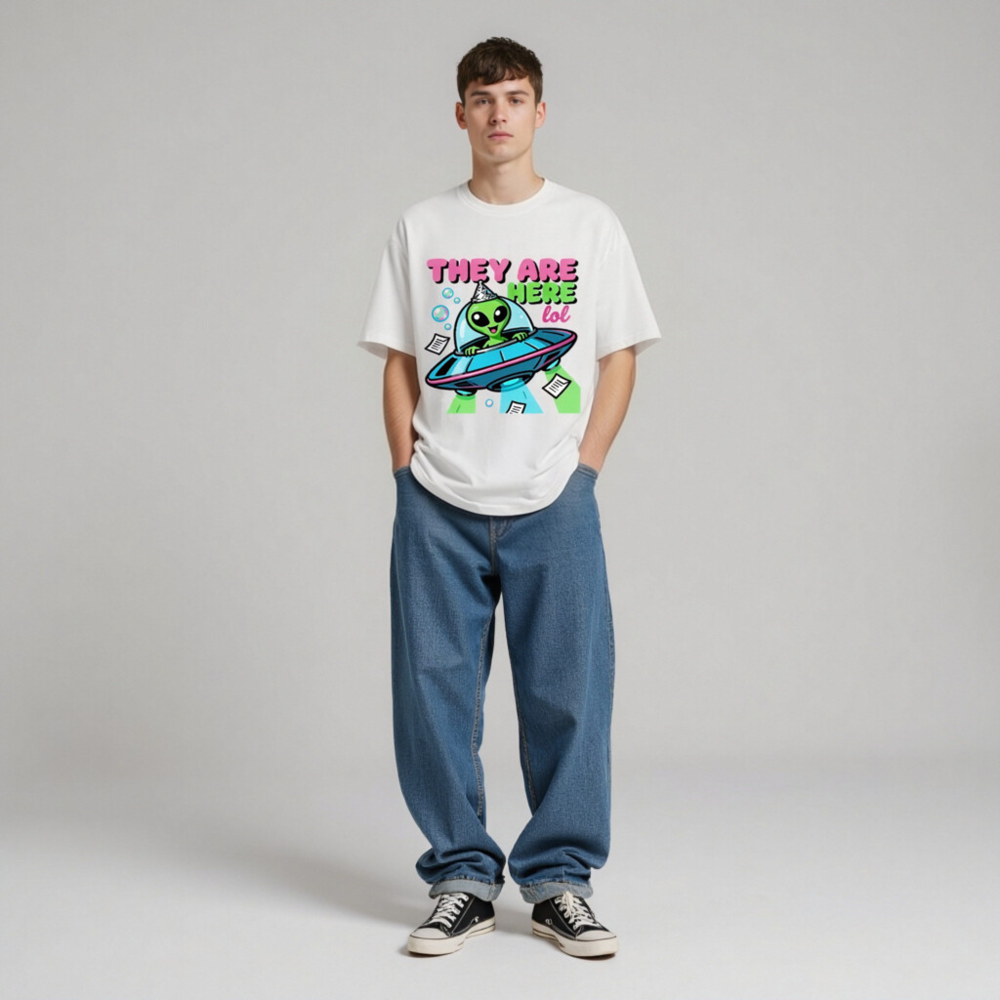 Unisex Organic Cotton T-Shirt - Alien UFO Party Design 'They Are Here lol' - Image 8