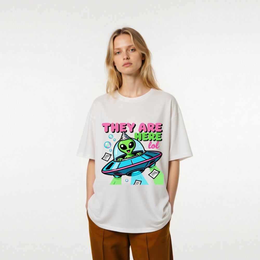 Unisex Organic Cotton T-Shirt - Alien UFO Party Design 'They Are Here lol' - Image 9