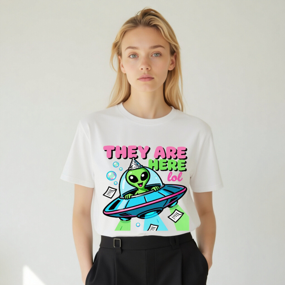 Unisex Organic Cotton T-Shirt - Alien UFO Party Design 'They Are Here lol' - Image 10