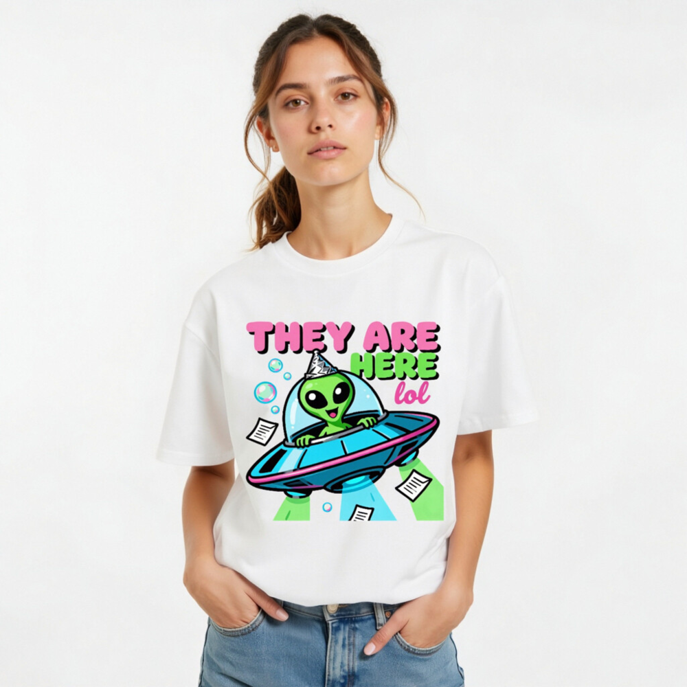 Unisex Organic Cotton T-Shirt - Alien UFO Party Design 'They Are Here lol' - Image 11
