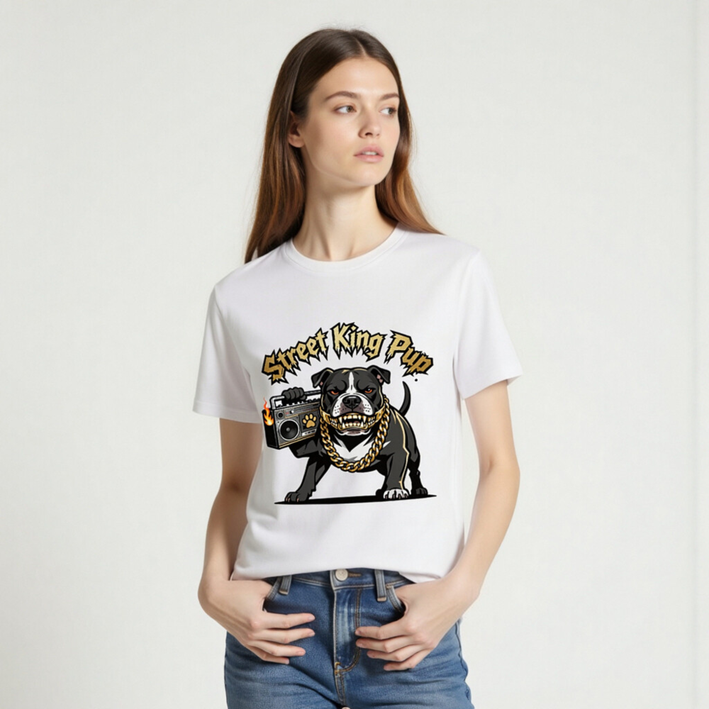 Street King Pup T-Shirt - Unisex Organic Cotton Tee with Boombox Bulldog Graphic - Image 2