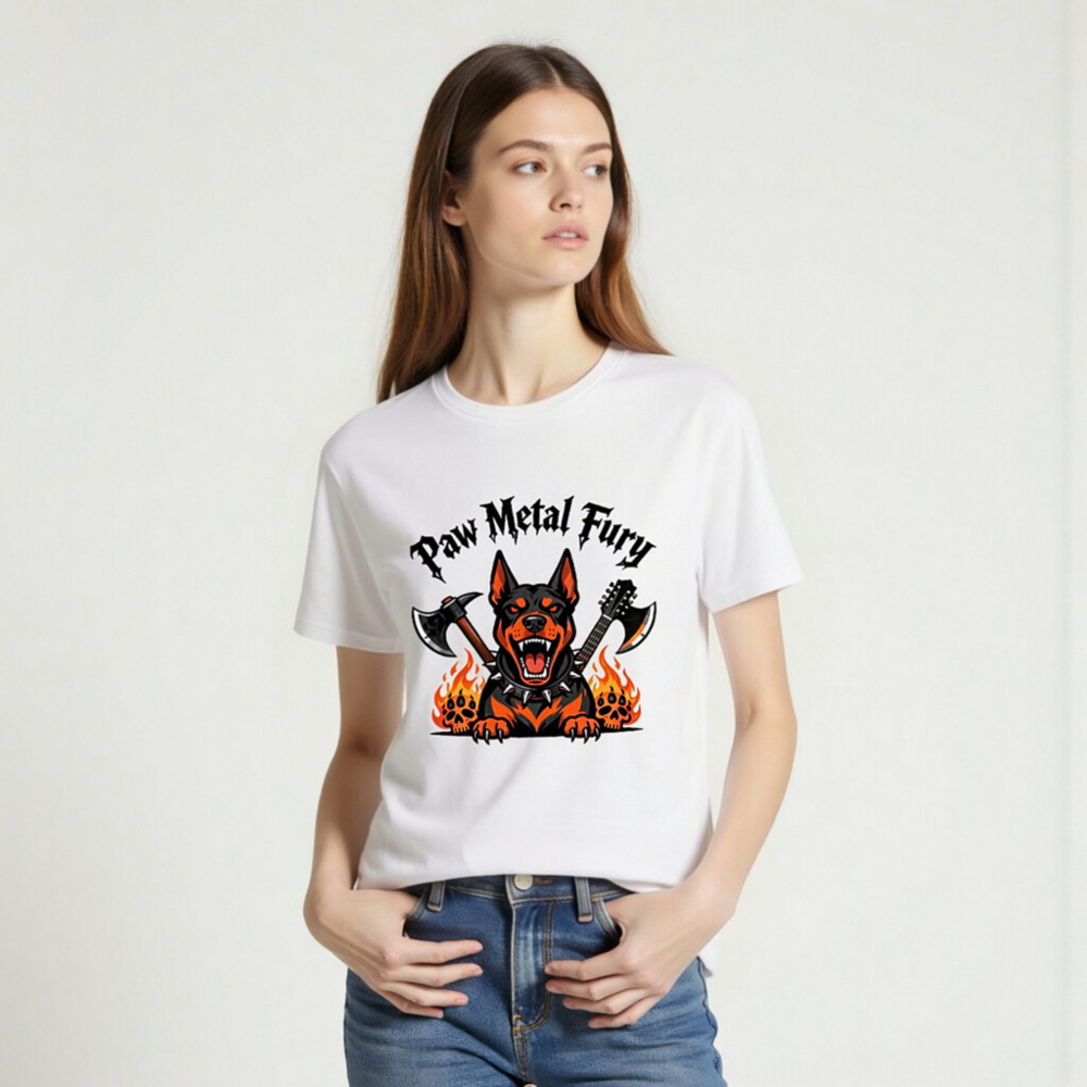 Paw Metal Fury Doberman T-Shirt - Unisex Organic Cotton Tee - Image 2