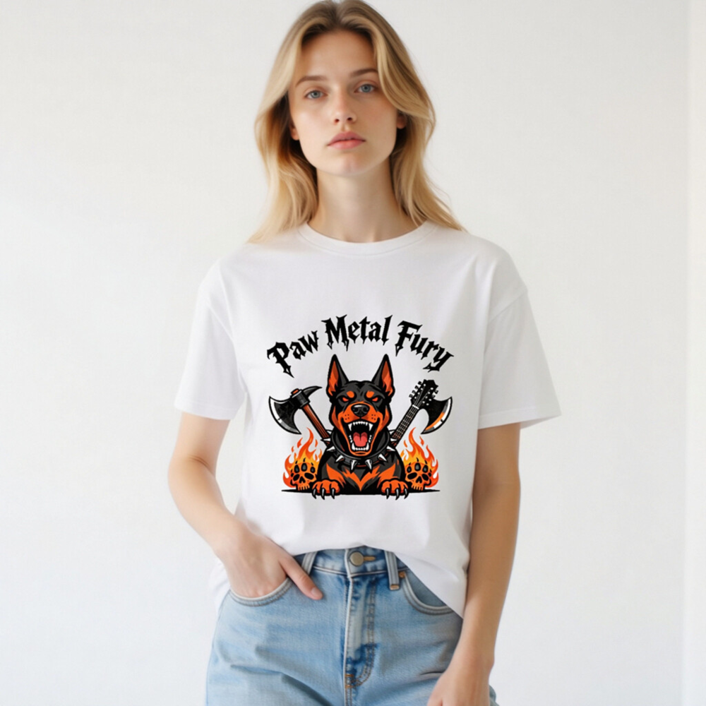 Paw Metal Fury Doberman T-Shirt - Unisex Organic Cotton Tee - Image 3