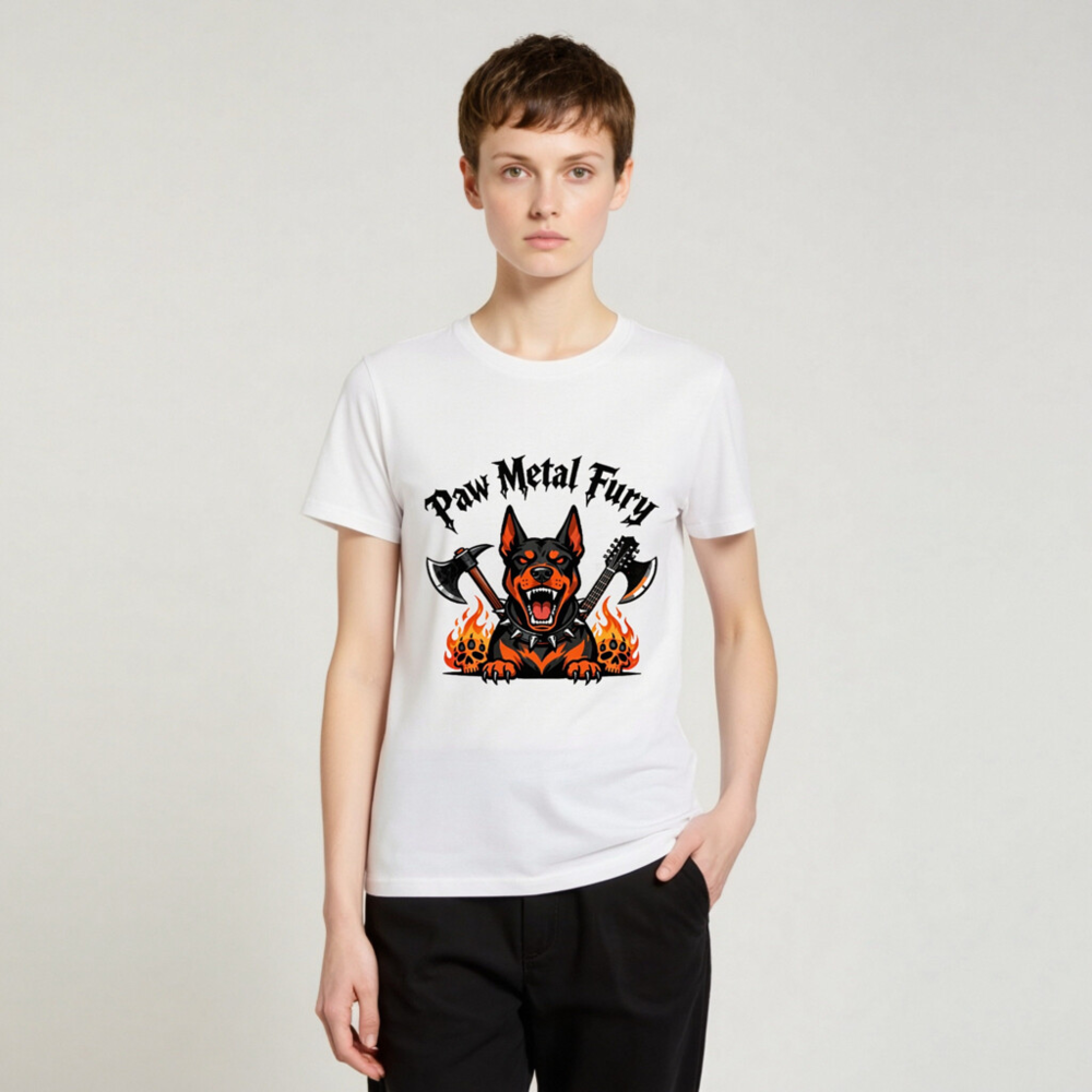 Paw Metal Fury Doberman T-Shirt - Unisex Organic Cotton Tee - Image 4