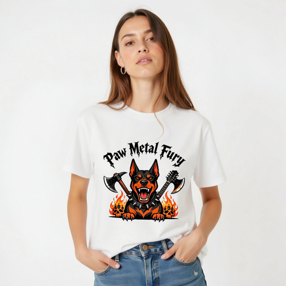 Paw Metal Fury Doberman T-Shirt - Unisex Organic Cotton Tee - Image 5