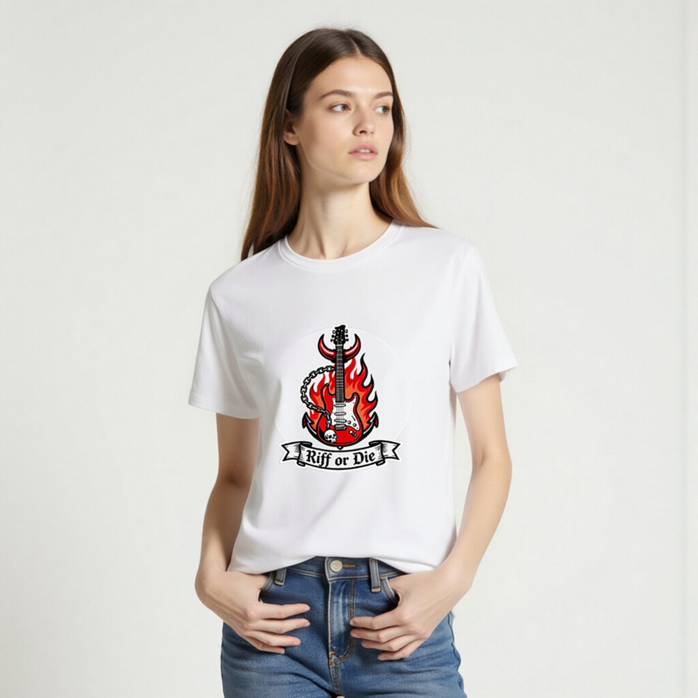 Unisex Organic Cotton T-Shirt - Riff or Die Guitar Flame Devil Design - Image 2