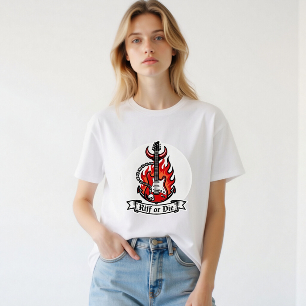 Unisex Organic Cotton T-Shirt - Riff or Die Guitar Flame Devil Design - Image 3