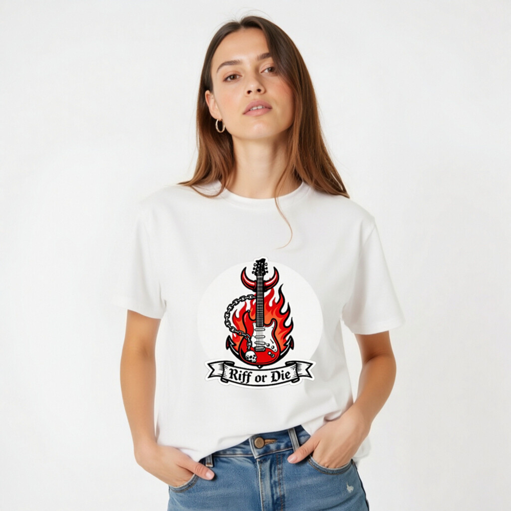Unisex Organic Cotton T-Shirt - Riff or Die Guitar Flame Devil Design - Image 5