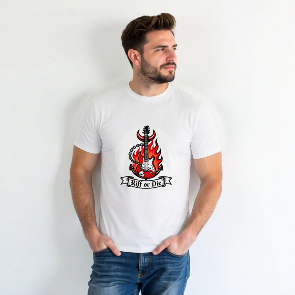 Unisex Organic Cotton T-Shirt - Riff or Die Guitar Flame Devil Design - Image 7