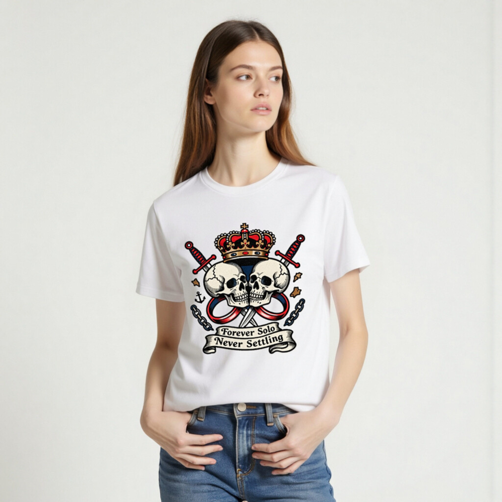 Unisex Organic Cotton T-Shirt - Forever Solo Never Settling Skull Crown Design - Image 2