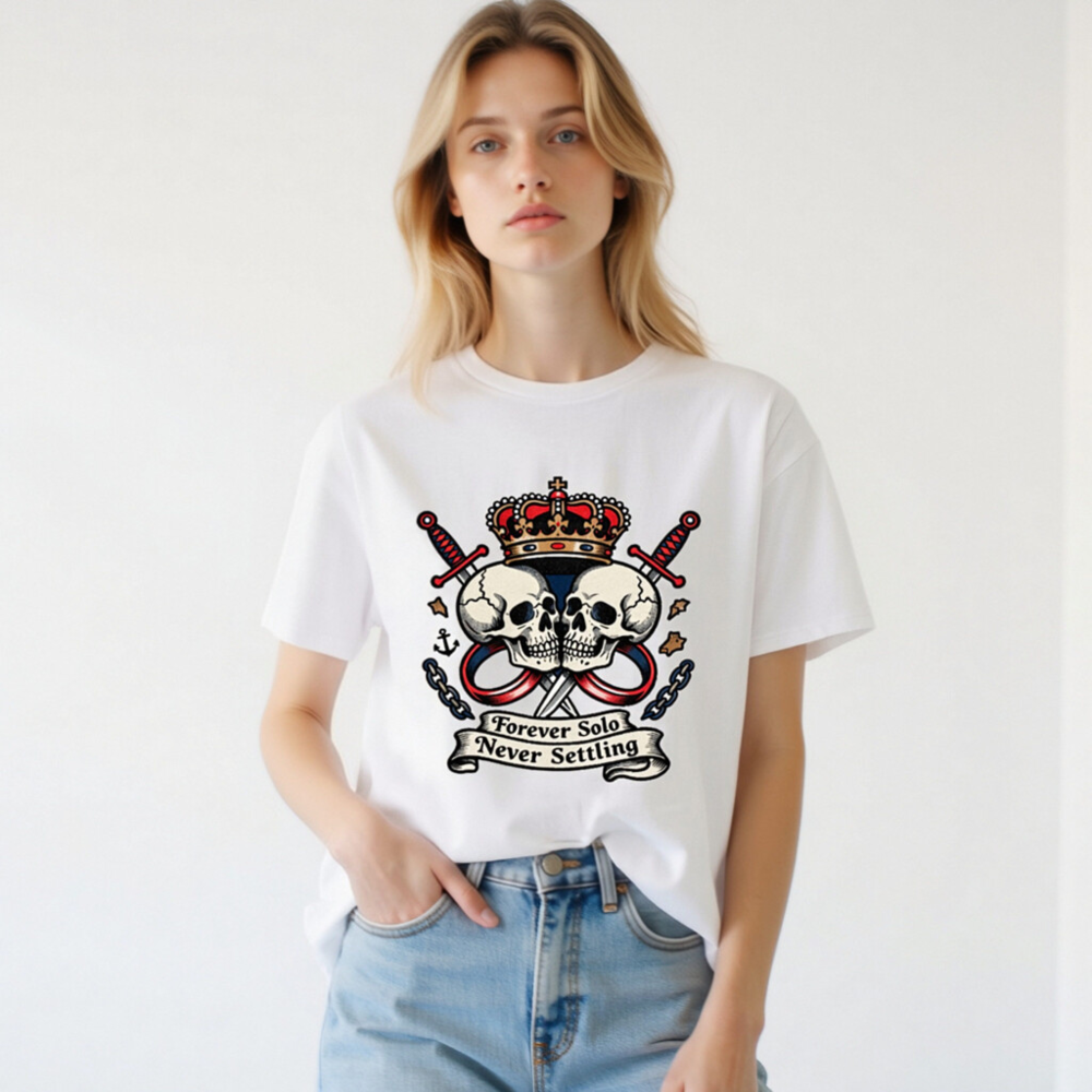 Unisex Organic Cotton T-Shirt - Forever Solo Never Settling Skull Crown Design - Image 3