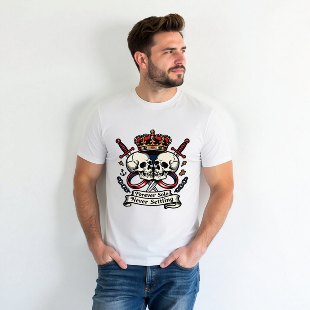 Unisex Organic Cotton T-Shirt - Forever Solo Never Settling Skull Crown Design - Image 7