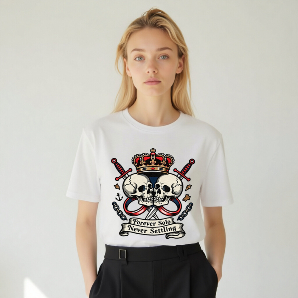 Unisex Organic Cotton T-Shirt - Forever Solo Never Settling Skull Crown Design - Image 10