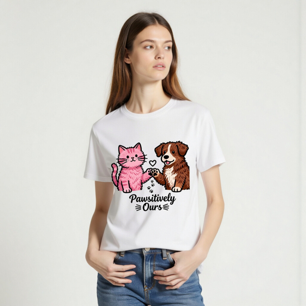 Unisex Organic Cotton T-Shirt: Pink Cat & Brown Dog Paw-Sitively Ours - Image 2