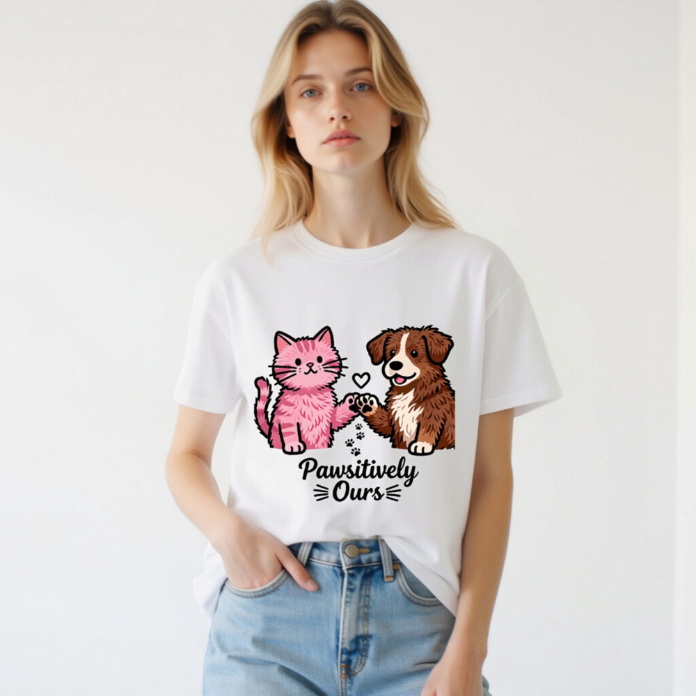 Unisex Organic Cotton T-Shirt: Pink Cat & Brown Dog Paw-Sitively Ours - Image 3