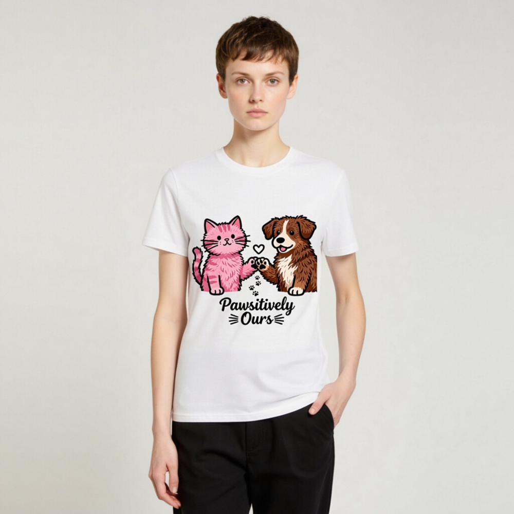 Unisex Organic Cotton T-Shirt: Pink Cat & Brown Dog Paw-Sitively Ours - Image 4