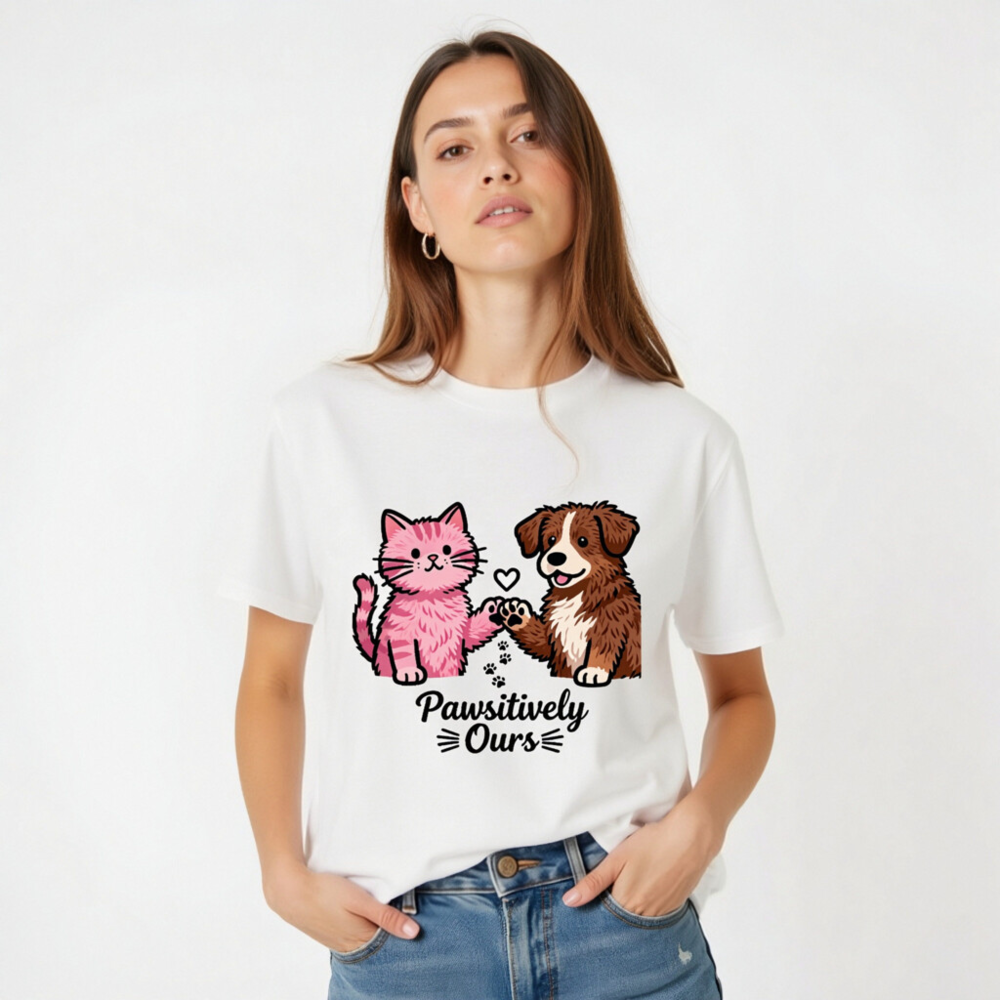 Unisex Organic Cotton T-Shirt: Pink Cat & Brown Dog Paw-Sitively Ours - Image 5
