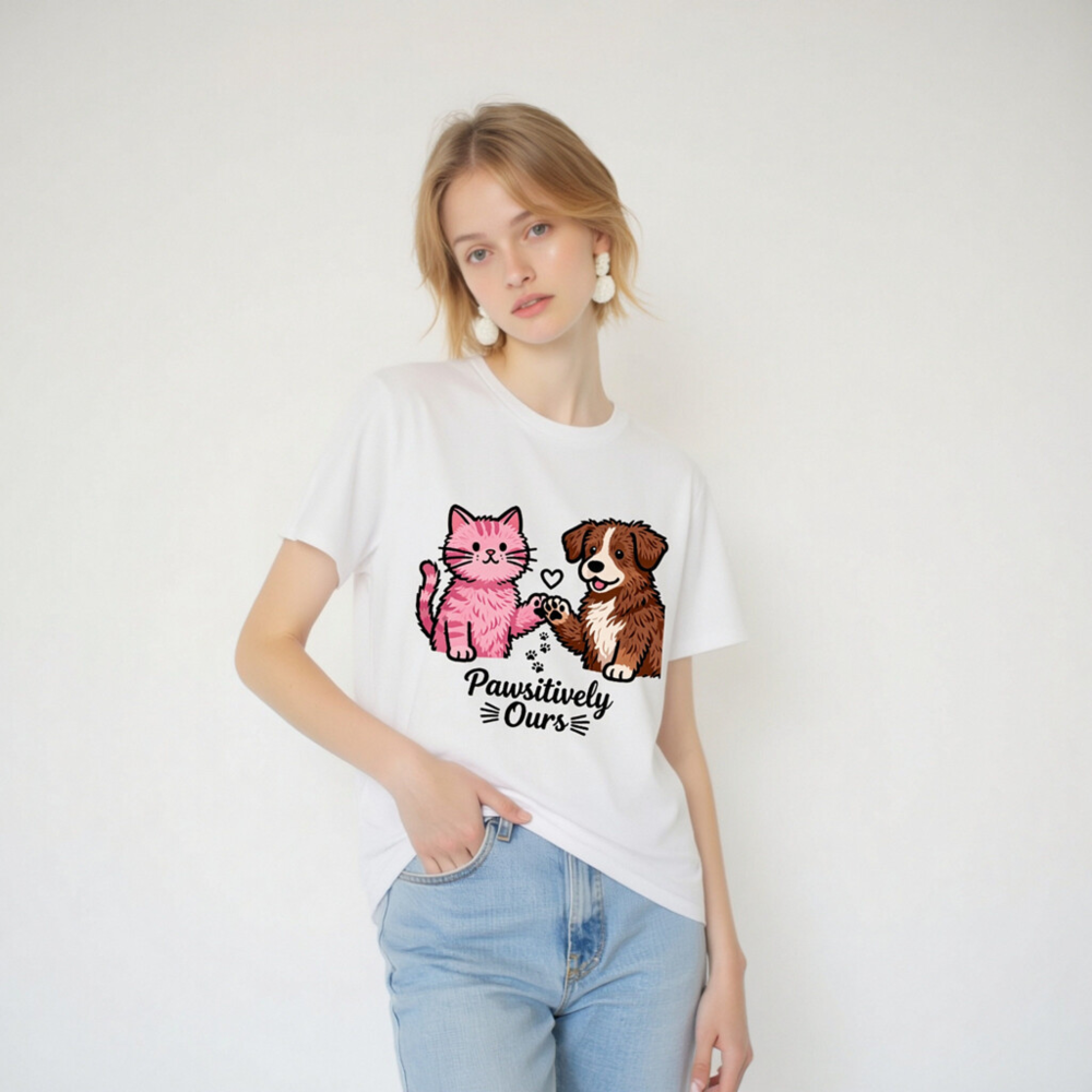 Unisex Organic Cotton T-Shirt: Pink Cat & Brown Dog Paw-Sitively Ours - Image 6