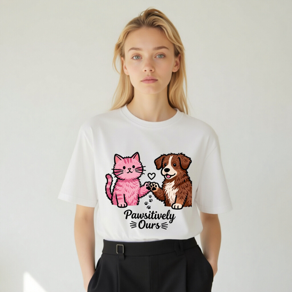 Unisex Organic Cotton T-Shirt: Pink Cat & Brown Dog Paw-Sitively Ours - Image 10