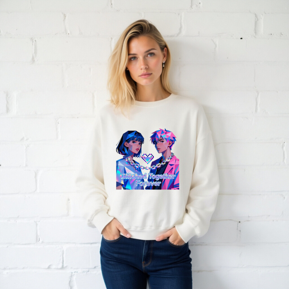 Glitched Together Forever Unisex Crew Neck Sweatshirt - Pixel Art Design - Image 2