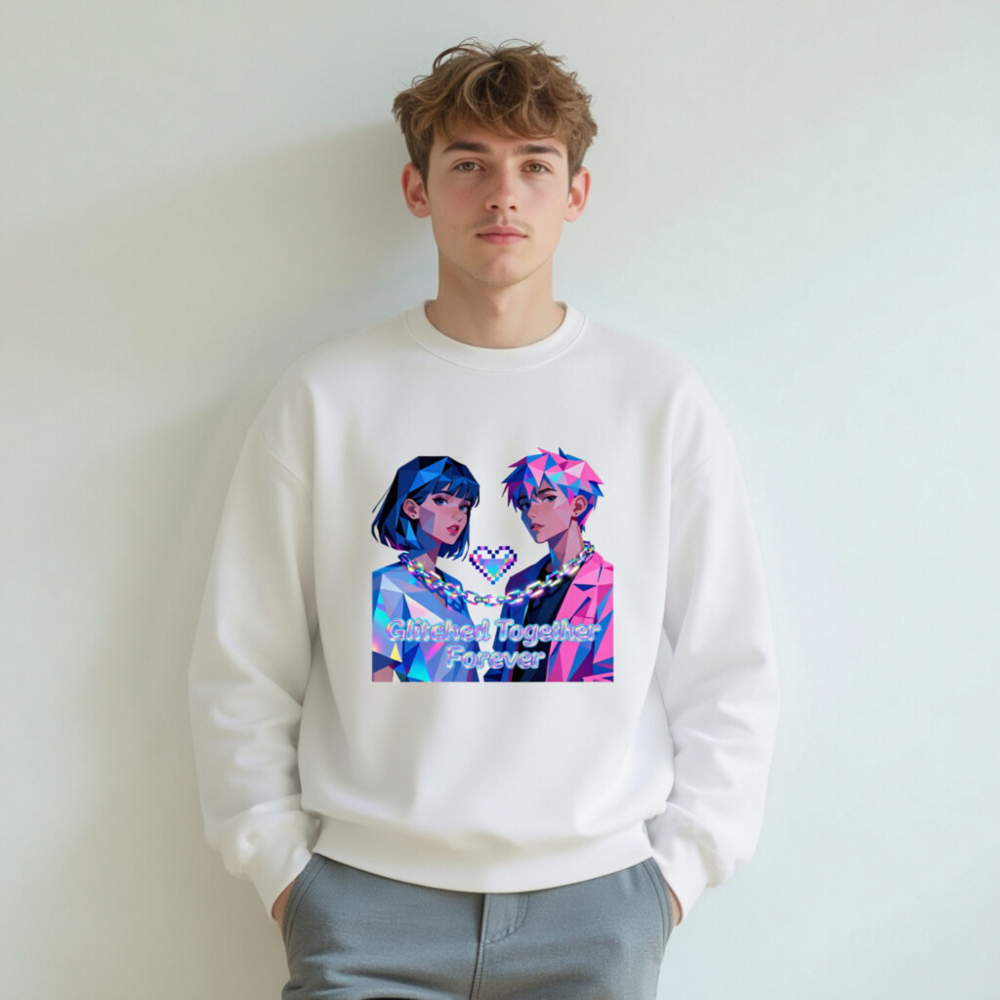 Glitched Together Forever Unisex Crew Neck Sweatshirt - Pixel Art Design - Image 7