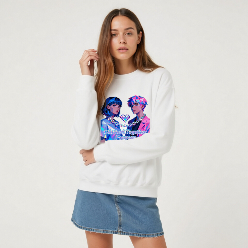 Glitched Together Forever Unisex Crew Neck Sweatshirt - Pixel Art Design - Image 8