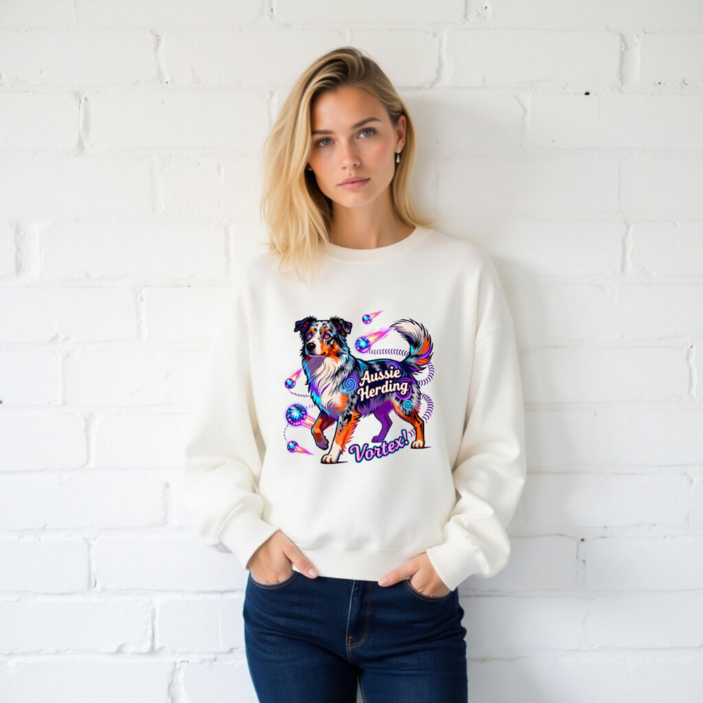 Aussie Herding Vortex! Unisex Crew Neck Sweatshirt - Vibrant Aussie Shepherd Graphic - Image 2