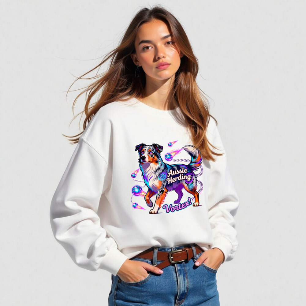 Aussie Herding Vortex! Unisex Crew Neck Sweatshirt - Vibrant Aussie Shepherd Graphic - Image 5