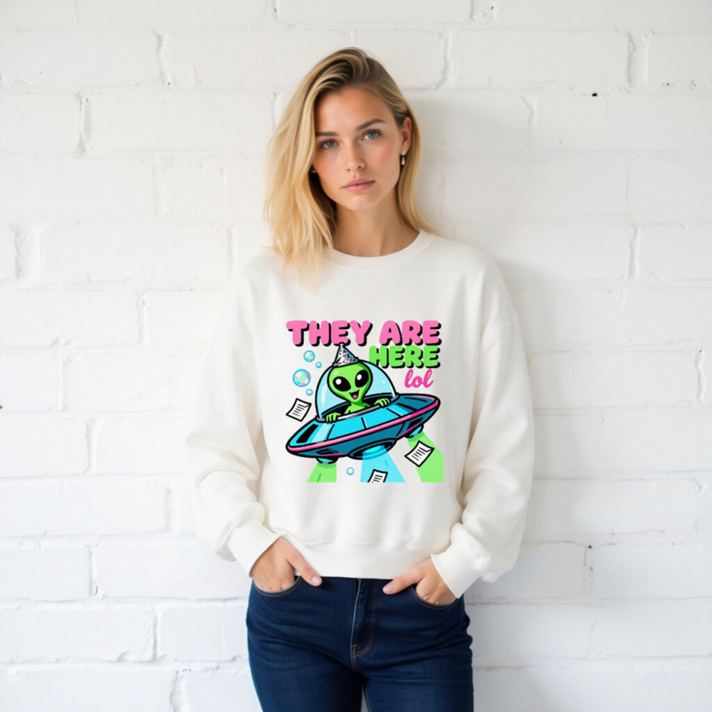Unisex Crew Neck Sweatshirt - Alien UFO Party Design 'They Are Here lol' - Image 2