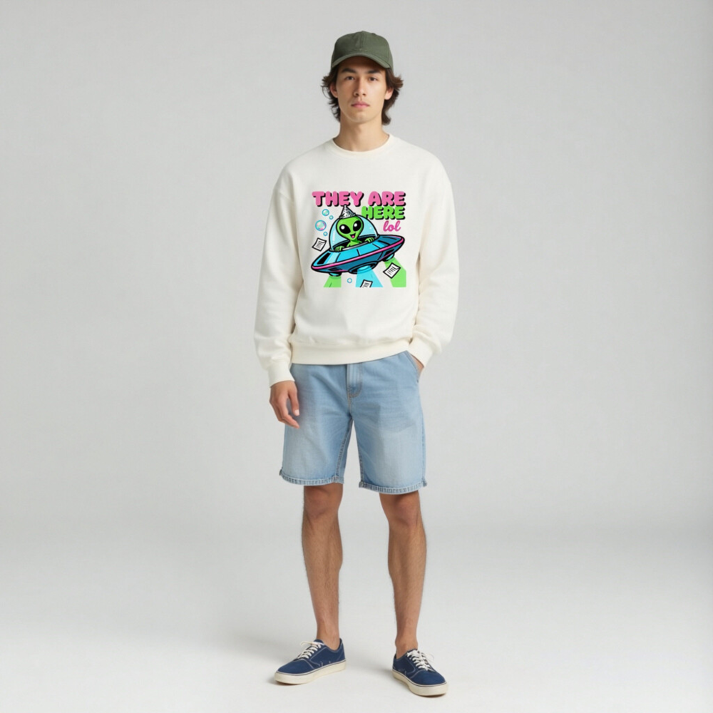 Unisex Crew Neck Sweatshirt - Alien UFO Party Design 'They Are Here lol' - Image 3