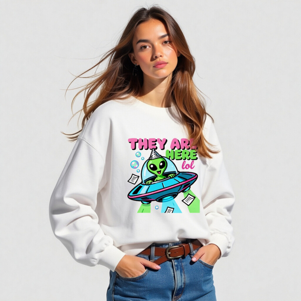 Unisex Crew Neck Sweatshirt - Alien UFO Party Design 'They Are Here lol' - Image 5