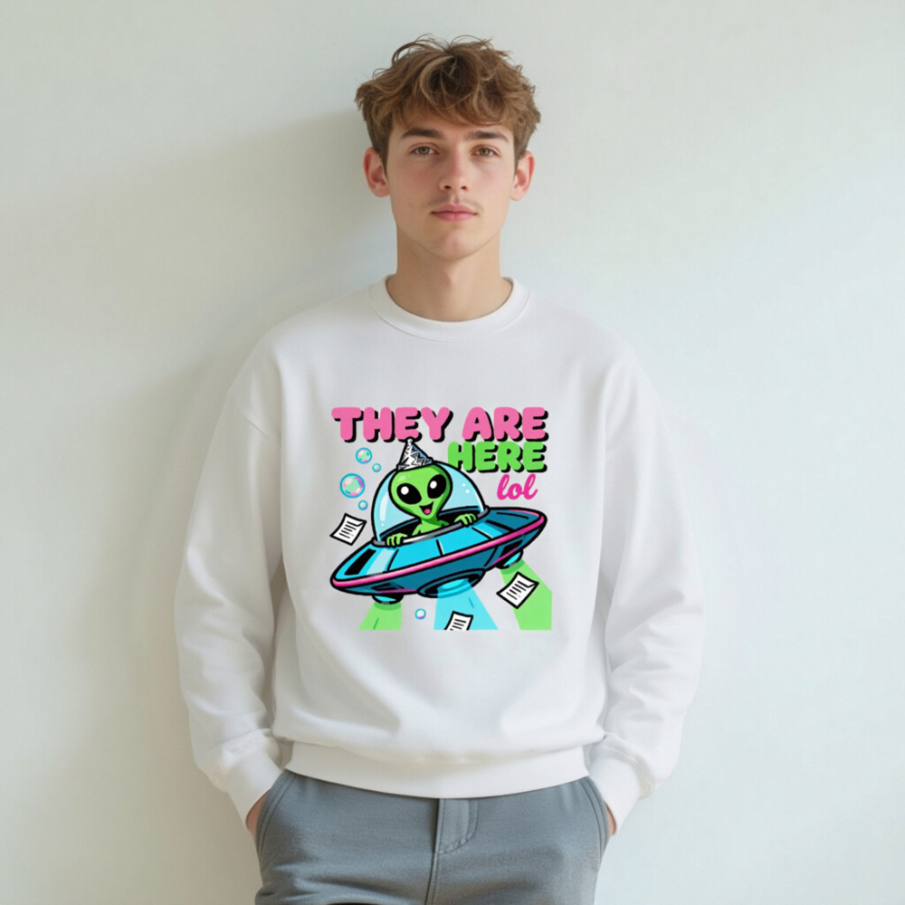 Unisex Crew Neck Sweatshirt - Alien UFO Party Design 'They Are Here lol' - Image 7