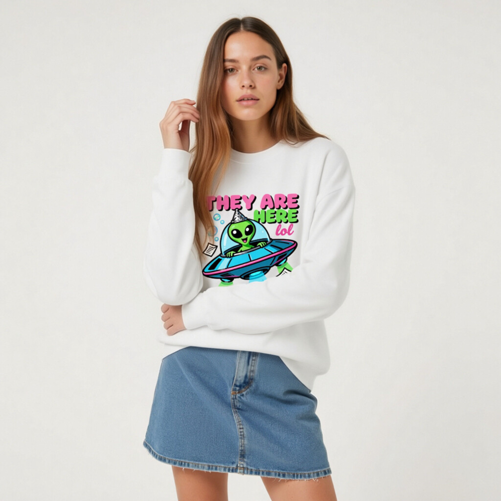 Unisex Crew Neck Sweatshirt - Alien UFO Party Design 'They Are Here lol' - Image 8