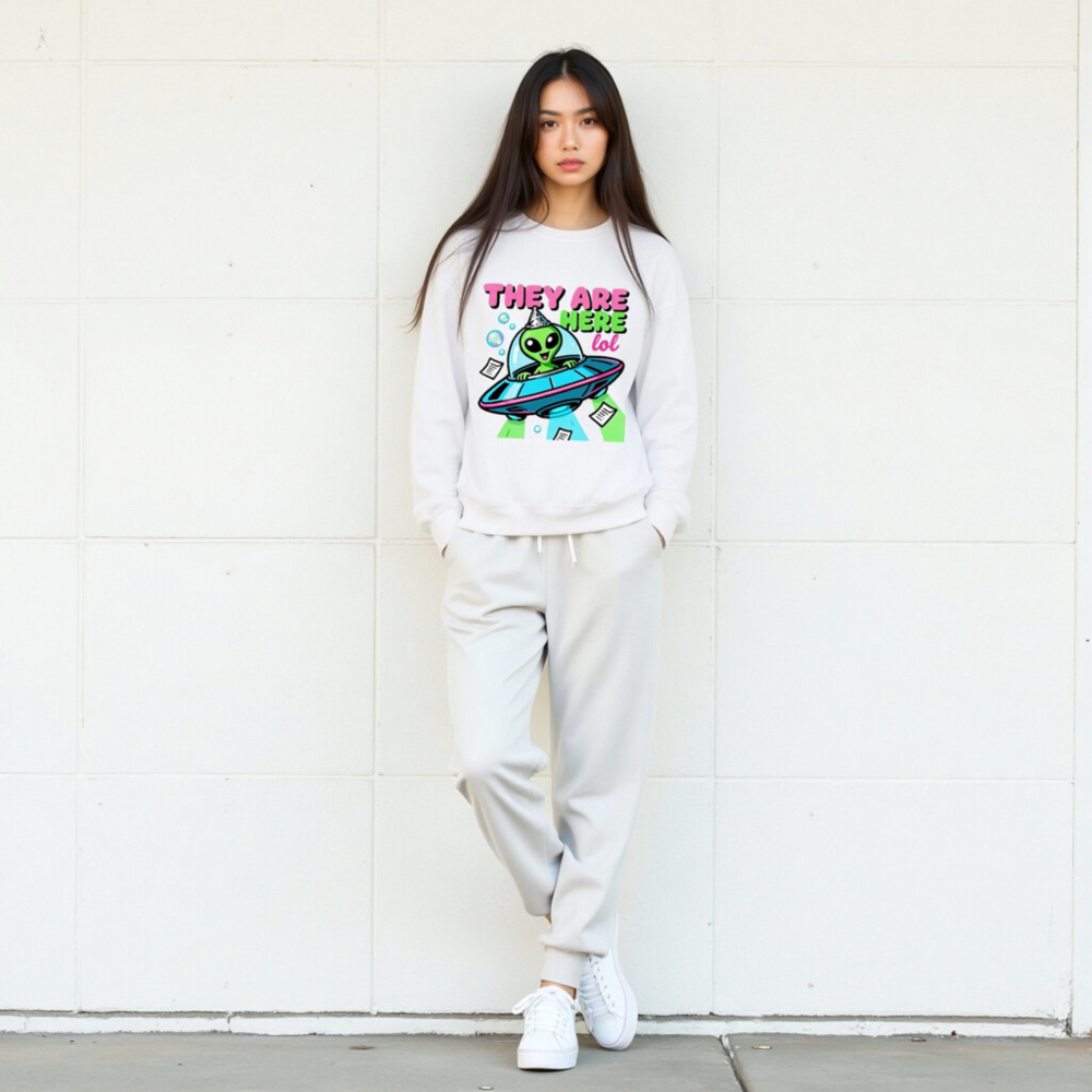 Unisex Crew Neck Sweatshirt - Alien UFO Party Design 'They Are Here lol' - Image 9