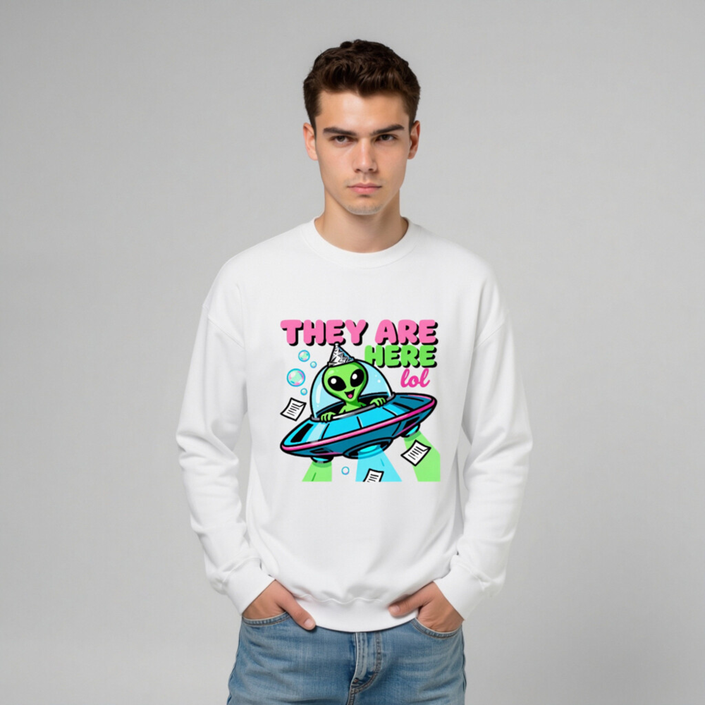 Unisex Crew Neck Sweatshirt - Alien UFO Party Design 'They Are Here lol' - Image 10