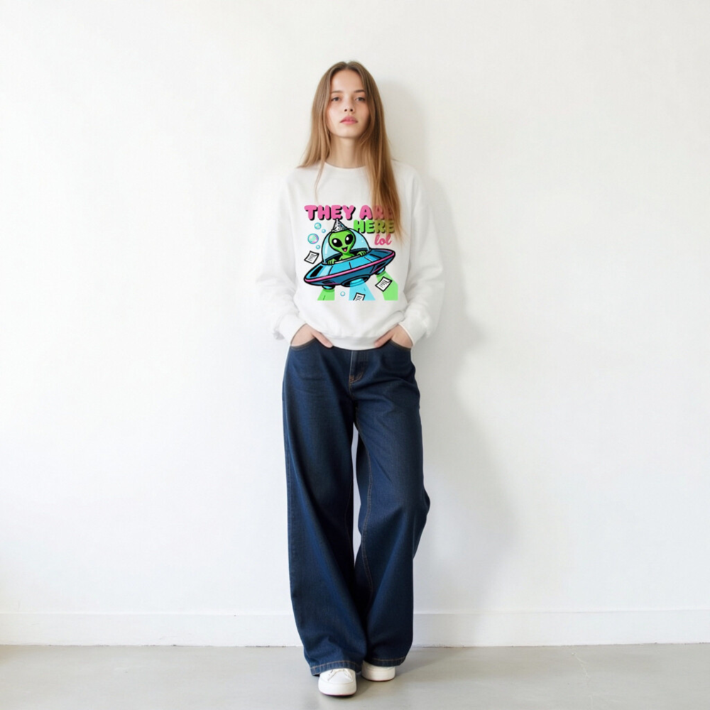Unisex Crew Neck Sweatshirt - Alien UFO Party Design 'They Are Here lol' - Image 11