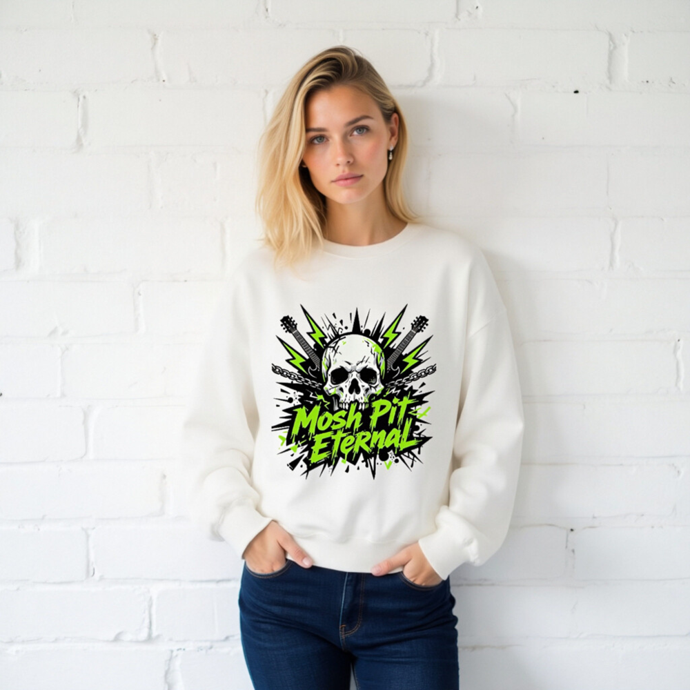 Mosh Pit Eternal Skull Sweatshirt | Unisex Crew Neck, Neon Green & Black Graphic - Image 2