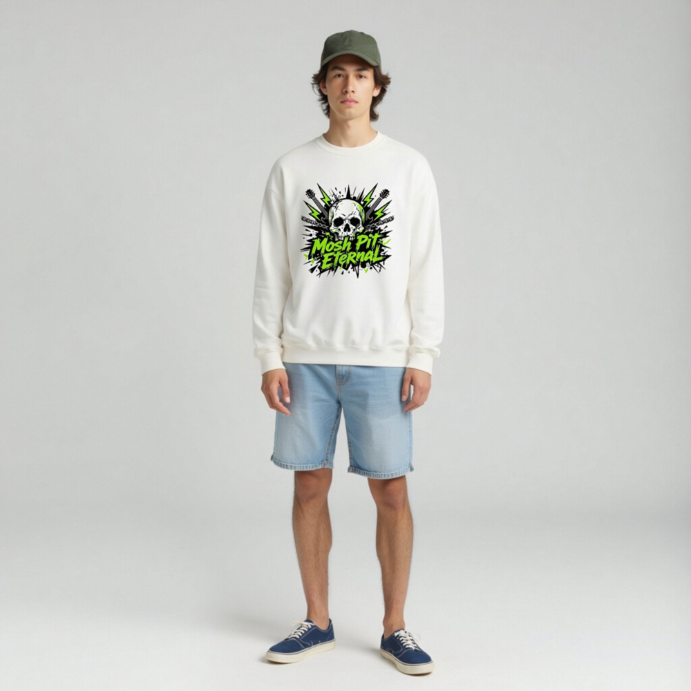 Mosh Pit Eternal Skull Sweatshirt | Unisex Crew Neck, Neon Green & Black Graphic - Image 3