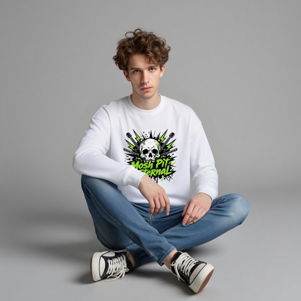 Mosh Pit Eternal Skull Sweatshirt | Unisex Crew Neck, Neon Green & Black Graphic - Image 4