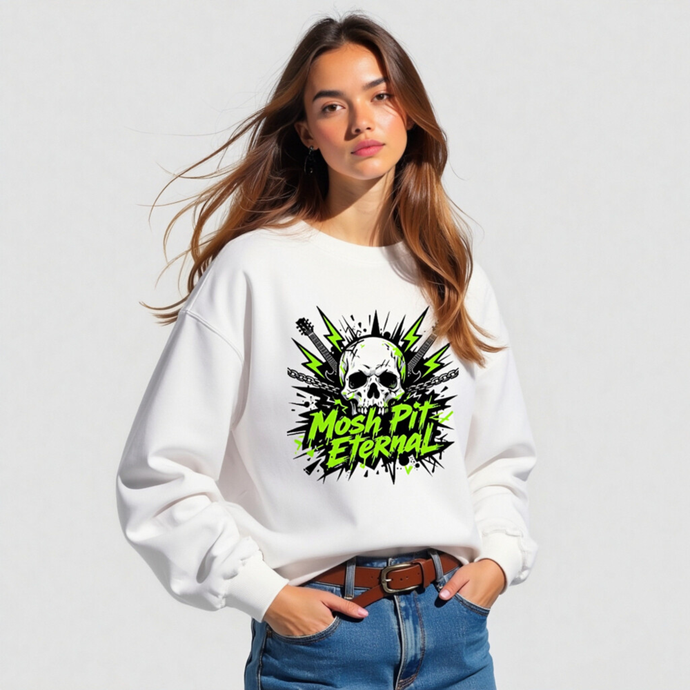 Mosh Pit Eternal Skull Sweatshirt | Unisex Crew Neck, Neon Green & Black Graphic - Image 5