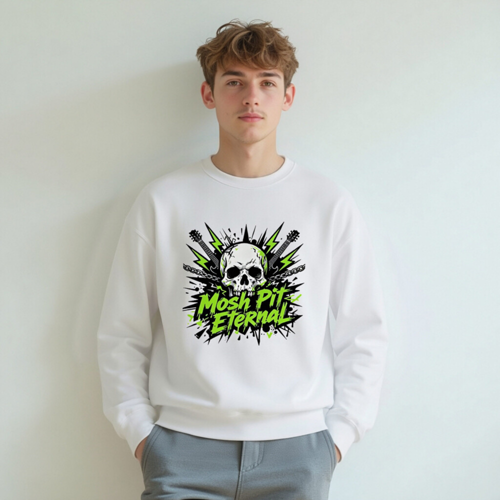 Mosh Pit Eternal Skull Sweatshirt | Unisex Crew Neck, Neon Green & Black Graphic - Image 7